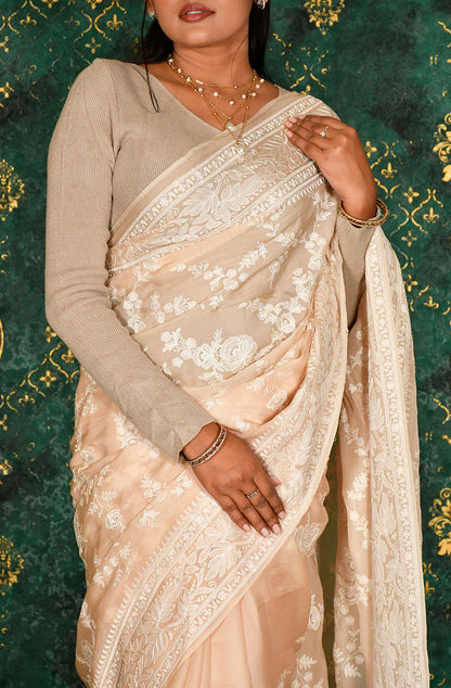 Peach Satin Organza Embroidered Saree