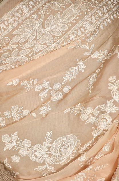 Peach Satin Organza Embroidered Saree