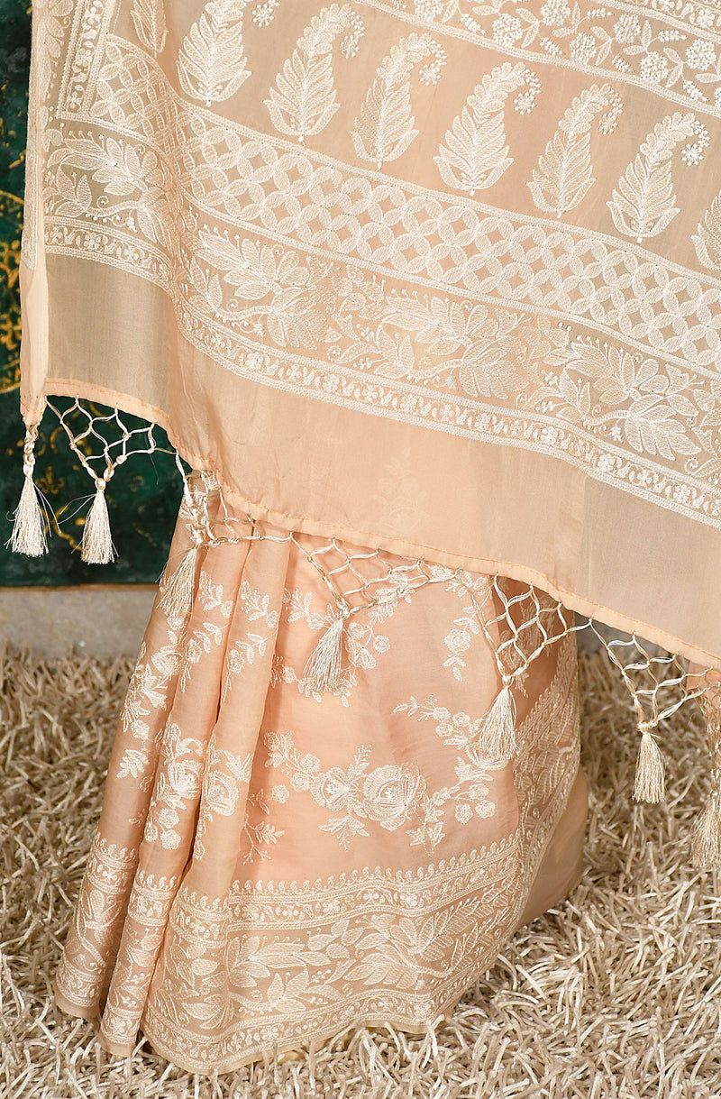 Peach Satin Organza Embroidered Saree