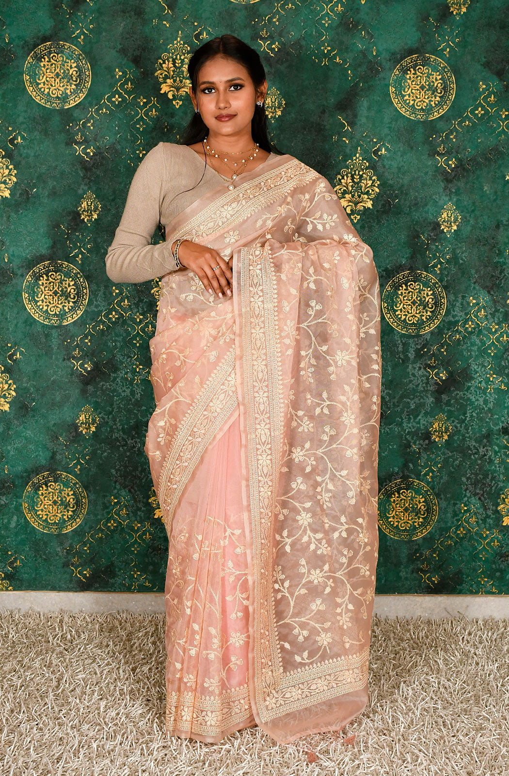 Peach Organza Embroidered Saree - Naksheband