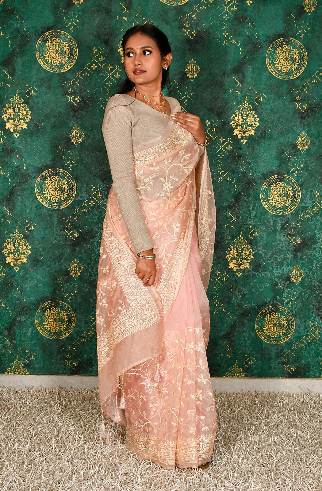 Peach Organza Embroidered Saree - Naksheband