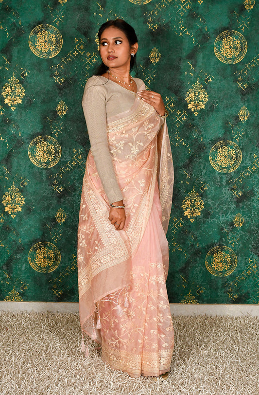 Peach Organza Embroidered Saree - Naksheband