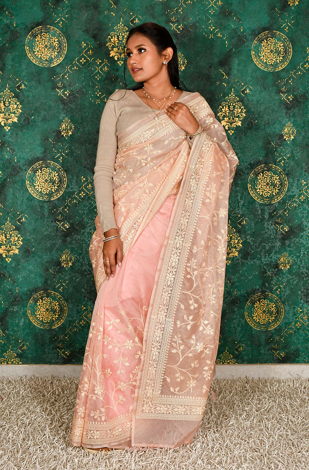 Peach Organza Embroidered Saree - Naksheband