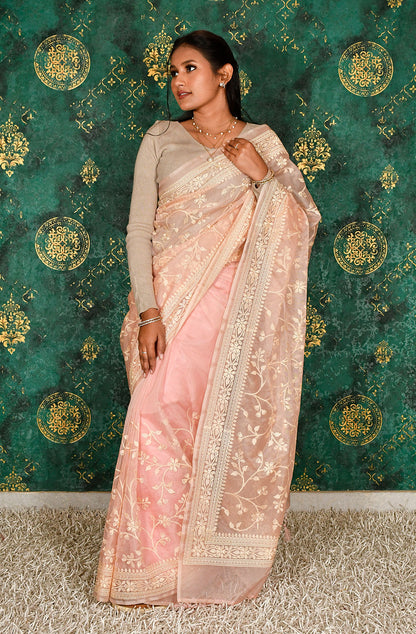 Peach Organza Embroidered Saree - Naksheband