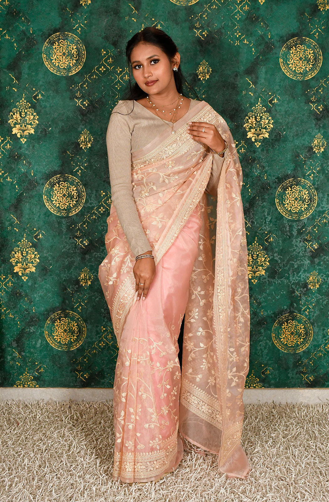 Peach Organza Embroidered Saree - Naksheband