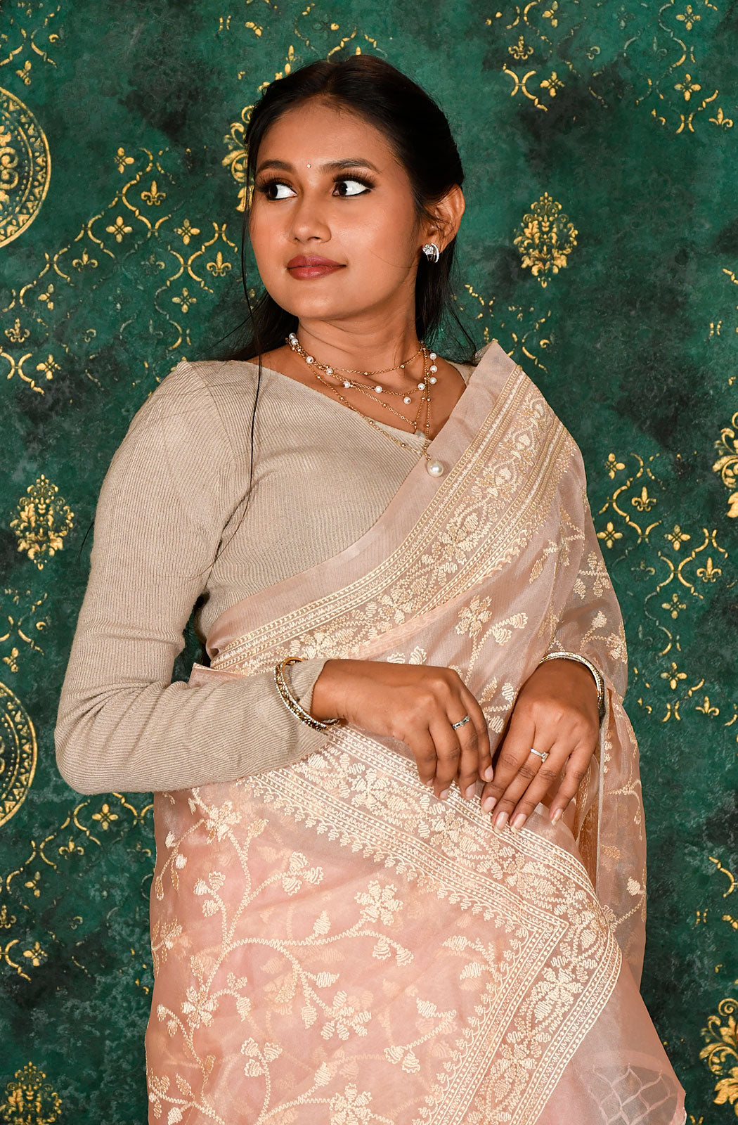 Peach Organza Embroidered Saree - Naksheband