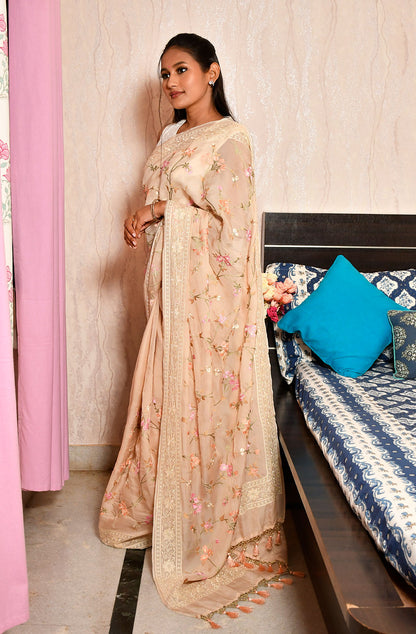 Beige Satin Organza Embroidered Saree