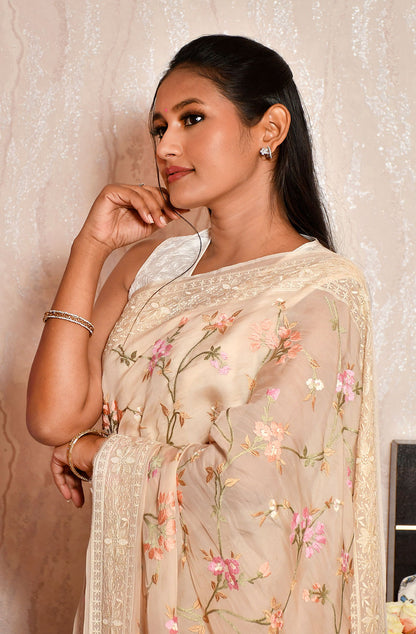 Beige Satin Organza Embroidered Saree