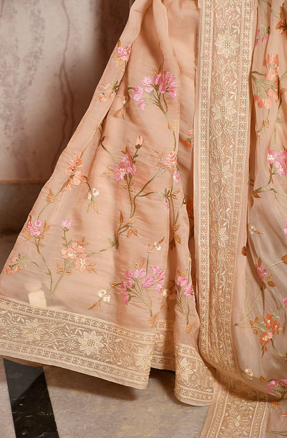 Beige Satin Organza Embroidered Saree