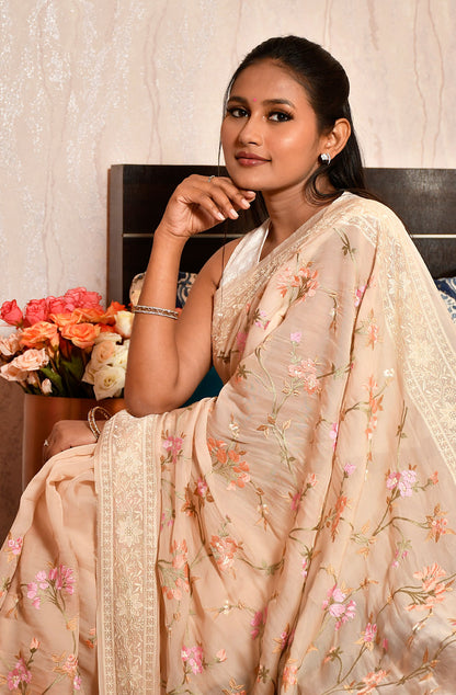 Beige Satin Organza Embroidered Saree