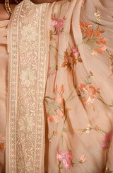 Beige Satin Organza Embroidered Saree