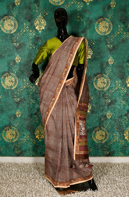 Mustard and Brown  Pure Silk Chanderi Hand Block Printed Saree - Naksheband
