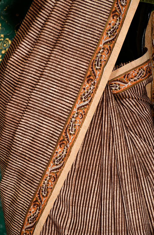 Mustard and Brown  Pure Silk Chanderi Hand Block Printed Saree - Naksheband