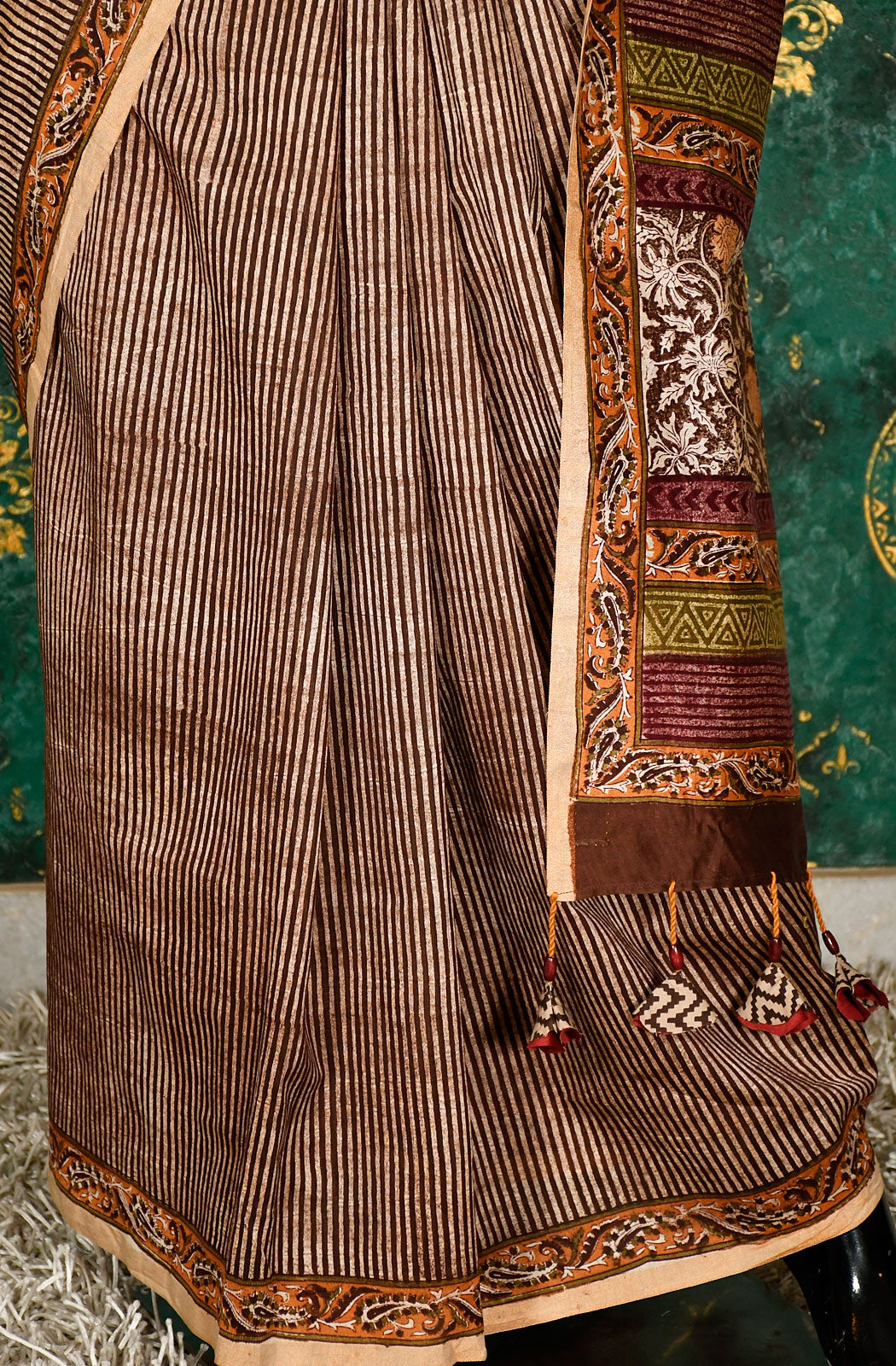 Mustard and Brown  Pure Silk Chanderi Hand Block Printed Saree - Naksheband