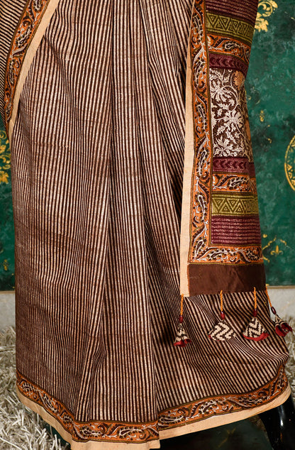 Mustard and Brown  Pure Silk Chanderi Hand Block Printed Saree - Naksheband