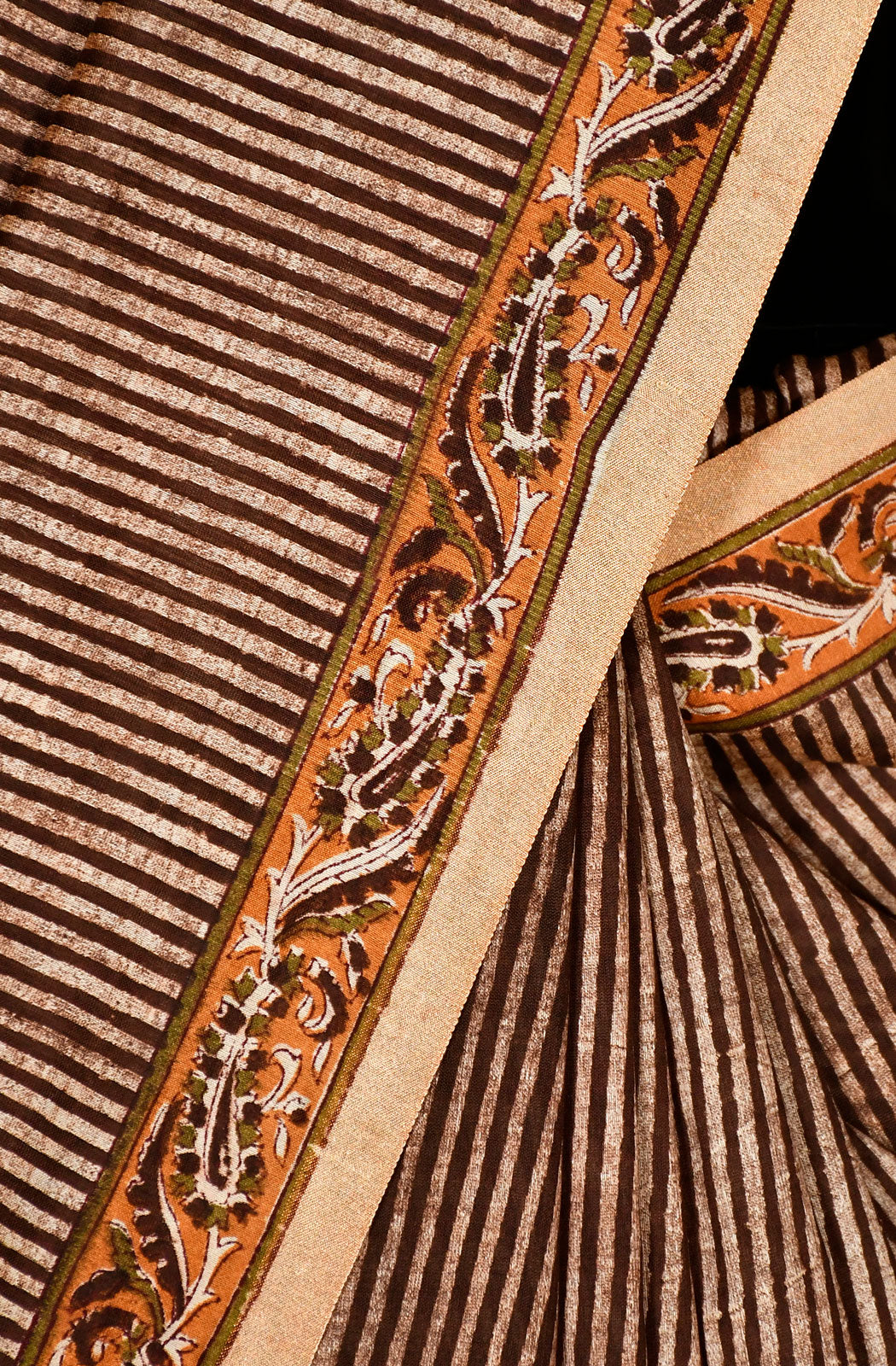 Mustard and Brown  Pure Silk Chanderi Hand Block Printed Saree - Naksheband