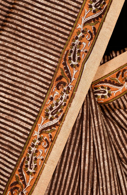 Mustard and Brown  Pure Silk Chanderi Hand Block Printed Saree - Naksheband