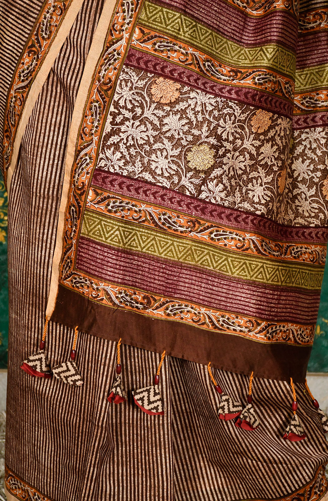 Mustard and Brown  Pure Silk Chanderi Hand Block Printed Saree - Naksheband