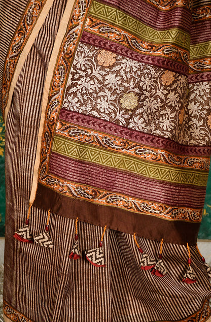 Mustard and Brown  Pure Silk Chanderi Hand Block Printed Saree - Naksheband