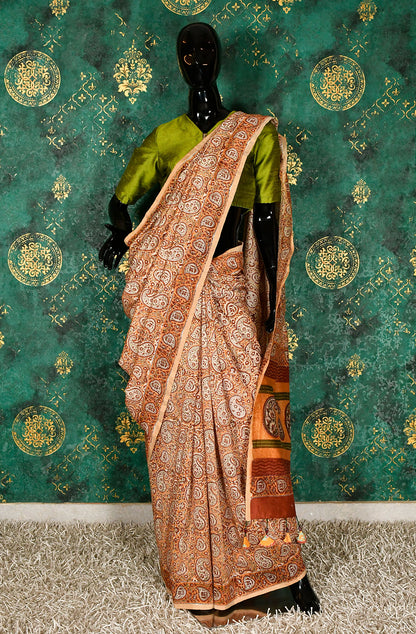 Mustard and Brown Pure Silk Chanderi Hand Block Printed Saree