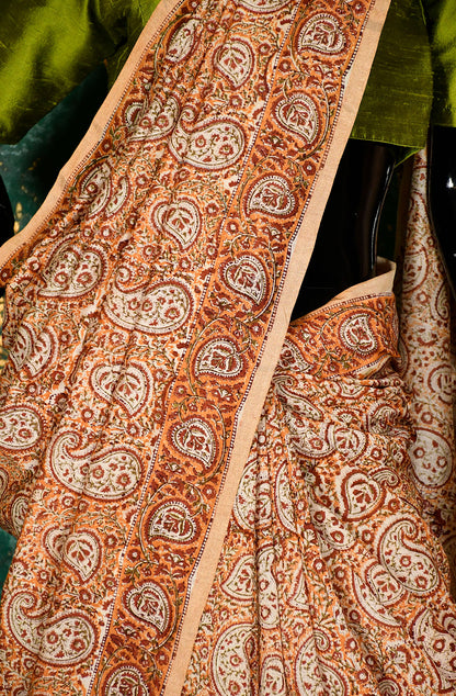 Mustard and Brown Pure Silk Chanderi Hand Block Printed Saree