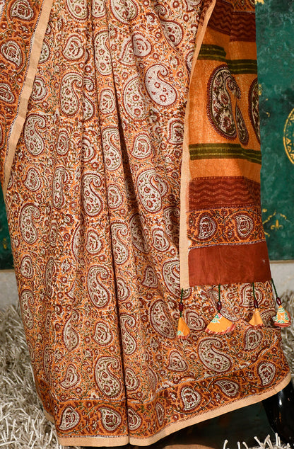Mustard and Brown Pure Silk Chanderi Hand Block Printed Saree