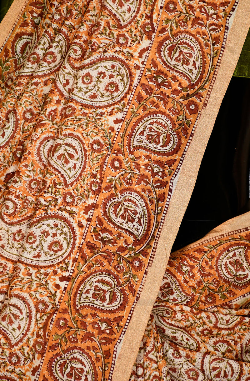 Mustard and Brown Pure Silk Chanderi Hand Block Printed Saree