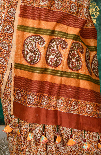 Mustard and Brown Pure Silk Chanderi Hand Block Printed Saree