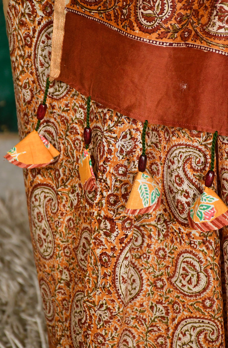Mustard and Brown Pure Silk Chanderi Hand Block Printed Saree