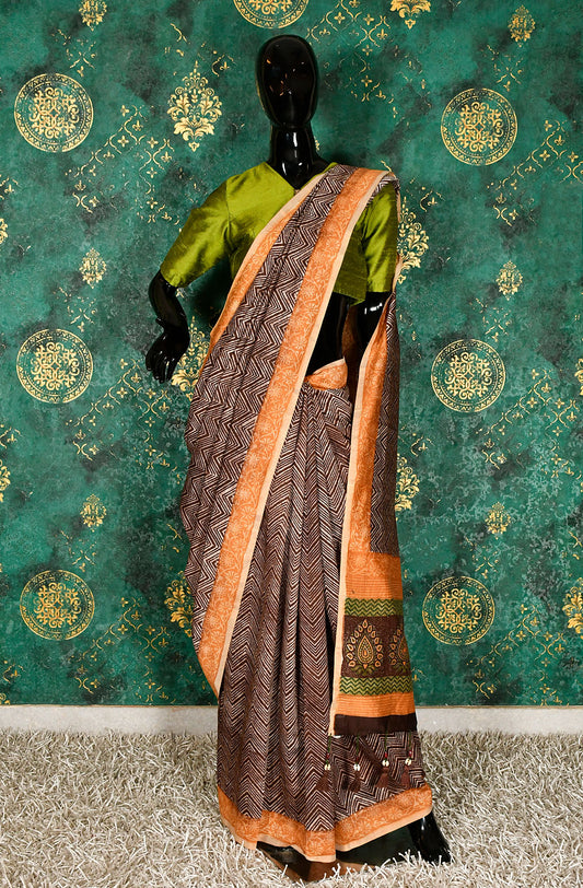 Brown Pure Silk Chanderi Hand Block Printed Saree - Naksheband