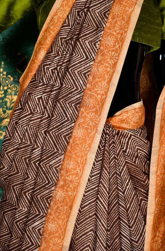 Brown Pure Silk Chanderi Hand Block Printed Saree - Naksheband