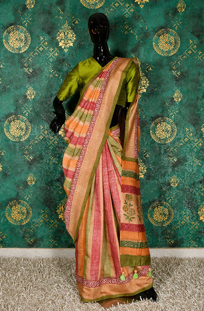 Multicolor Pure Munga Hand Block Printed Saree