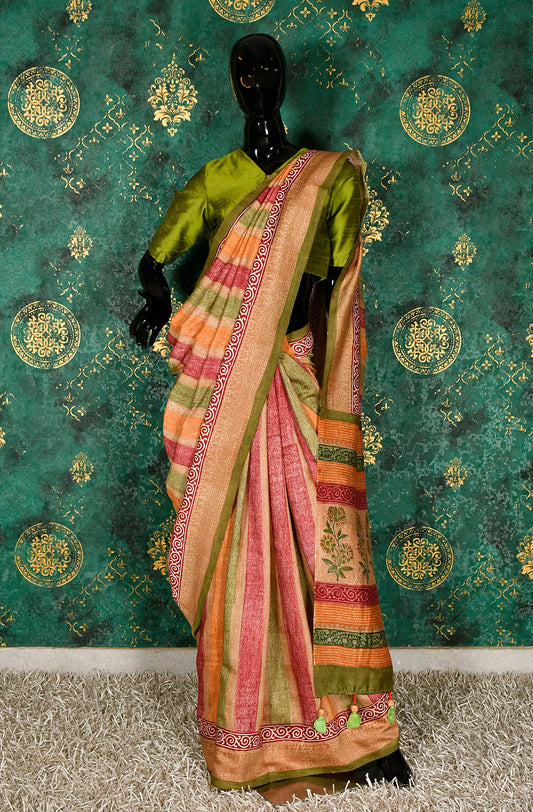 Multicolor Pure Munga Hand Block Printed Saree - Naksheband