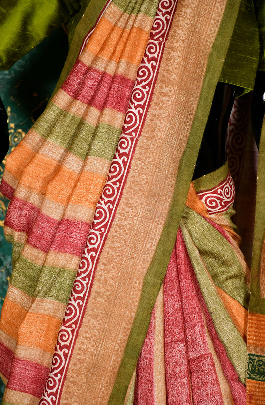 Multicolor Pure Munga Hand Block Printed Saree - Naksheband