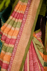 Multicolor Pure Munga Hand Block Printed Saree