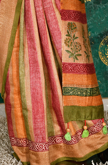 Multicolor Pure Munga Hand Block Printed Saree
