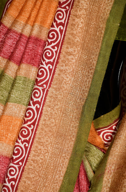 Multicolor Pure Munga Hand Block Printed Saree