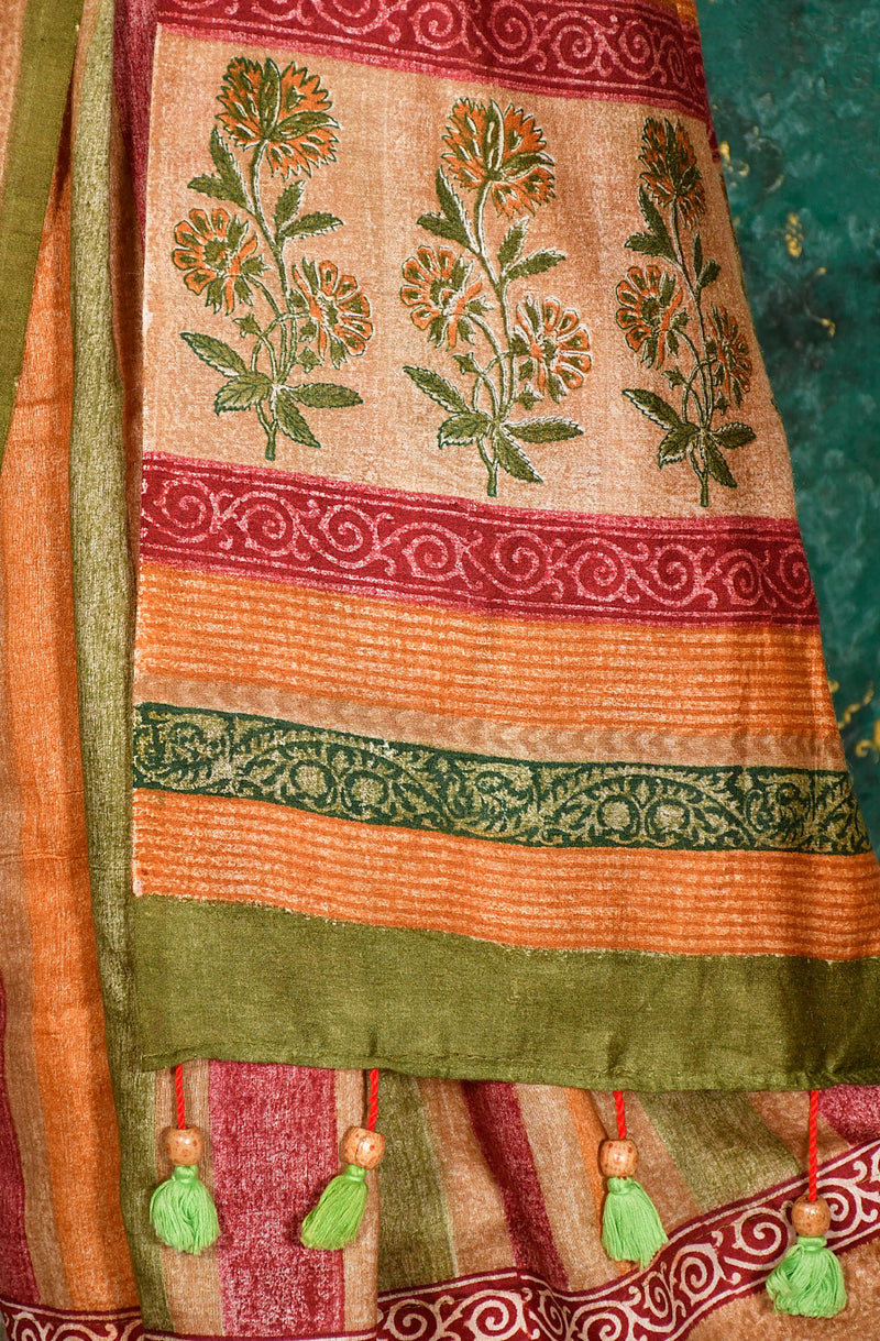 Multicolor Pure Munga Hand Block Printed Saree