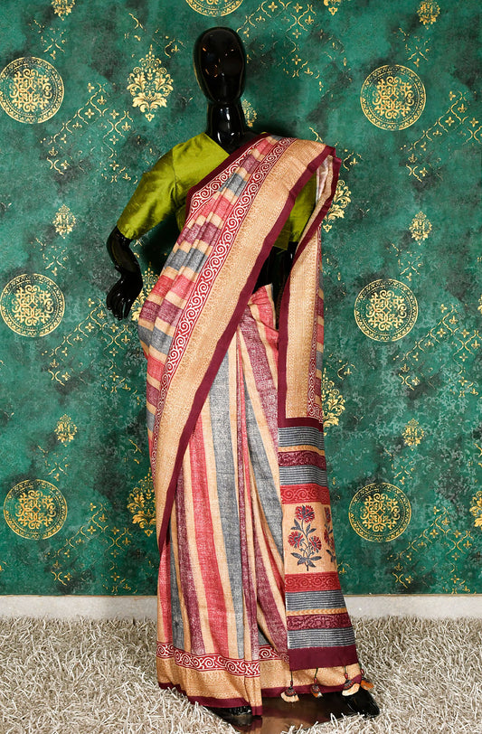 Multicolor Pure Munga Silk Hand Block Printed Saree - Naksheband