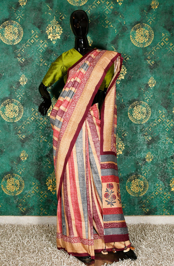 Multicolor Pure Munga Silk Hand Block Printed Saree