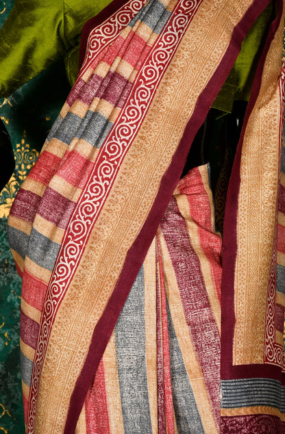 Multicolor Pure Munga Silk Hand Block Printed Saree