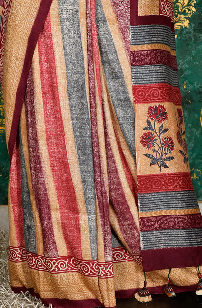 Multicolor Pure Munga Silk Hand Block Printed Saree