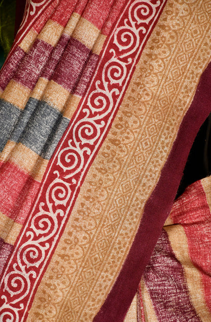 Multicolor Pure Munga Silk Hand Block Printed Saree