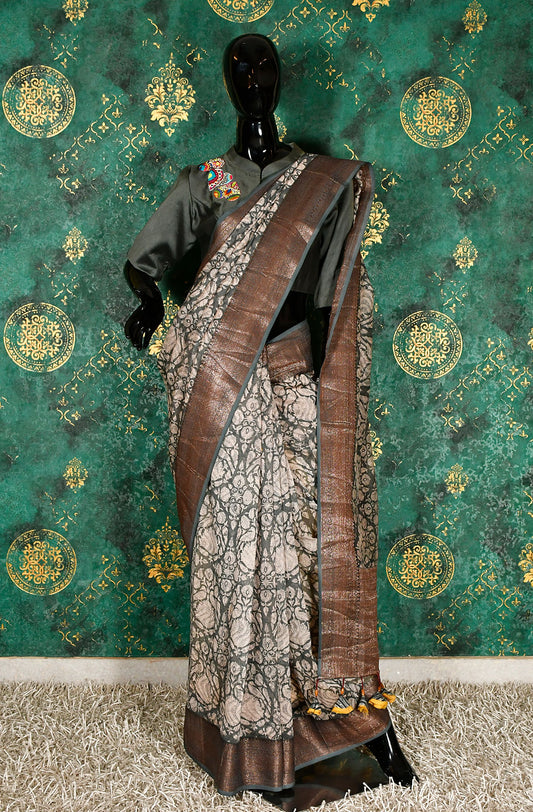 Grey and Off White Pure Silk Chanderi Hand Block Printed Saree - Naksheband