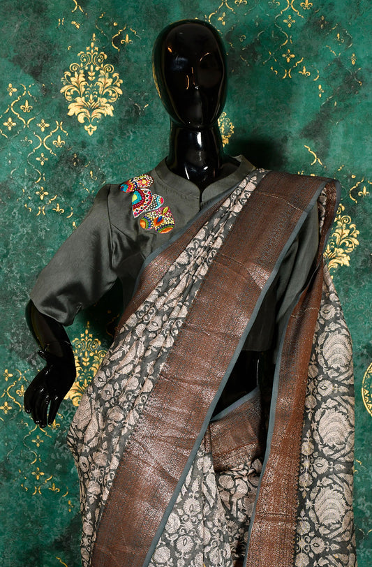 Grey and Off White Pure Silk Chanderi Hand Block Printed Saree - Naksheband