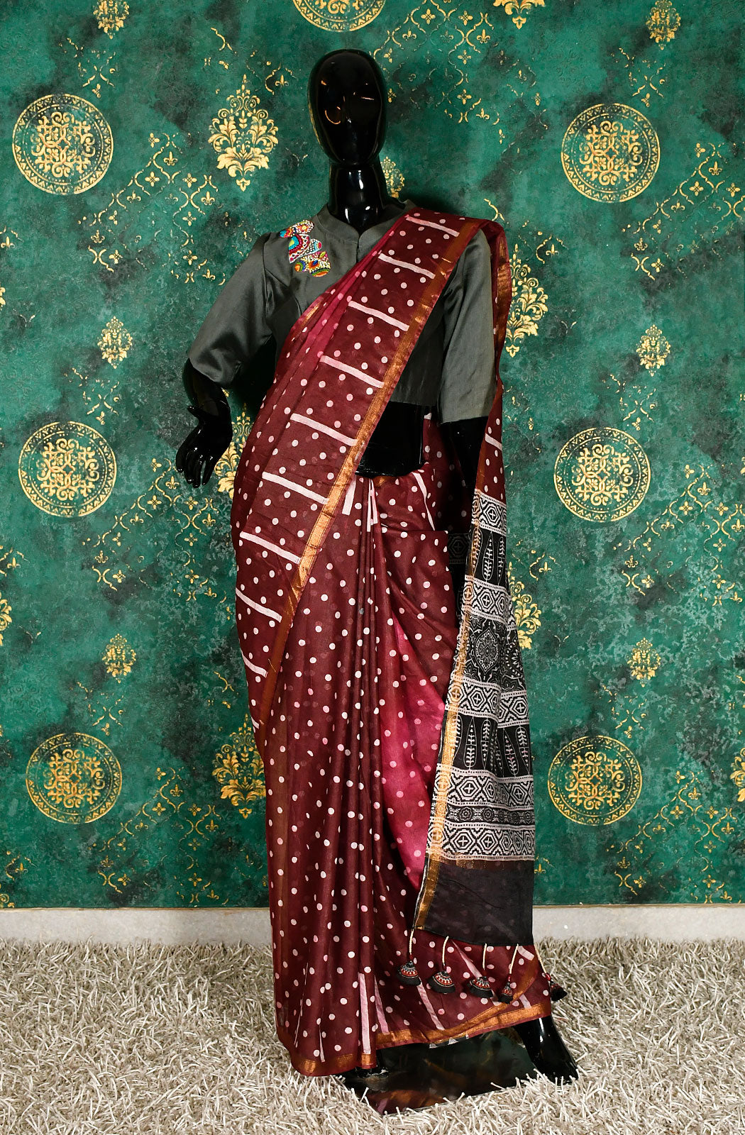 Maroon Pure Silk Chanderi Hand Block Printed Saree - Naksheband