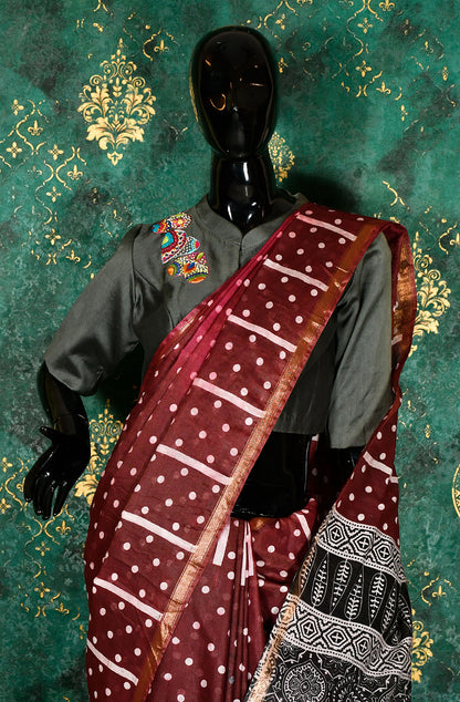 Maroon Pure Silk Chanderi Hand Block Printed Saree - Naksheband
