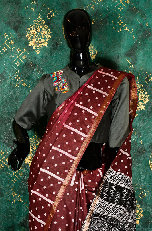 Maroon Pure Silk Chanderi Hand Block Printed Saree - Naksheband