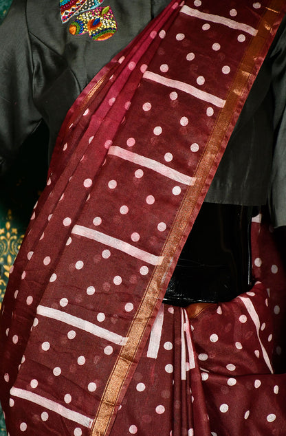 Maroon Pure Silk Chanderi Hand Block Printed Saree - Naksheband