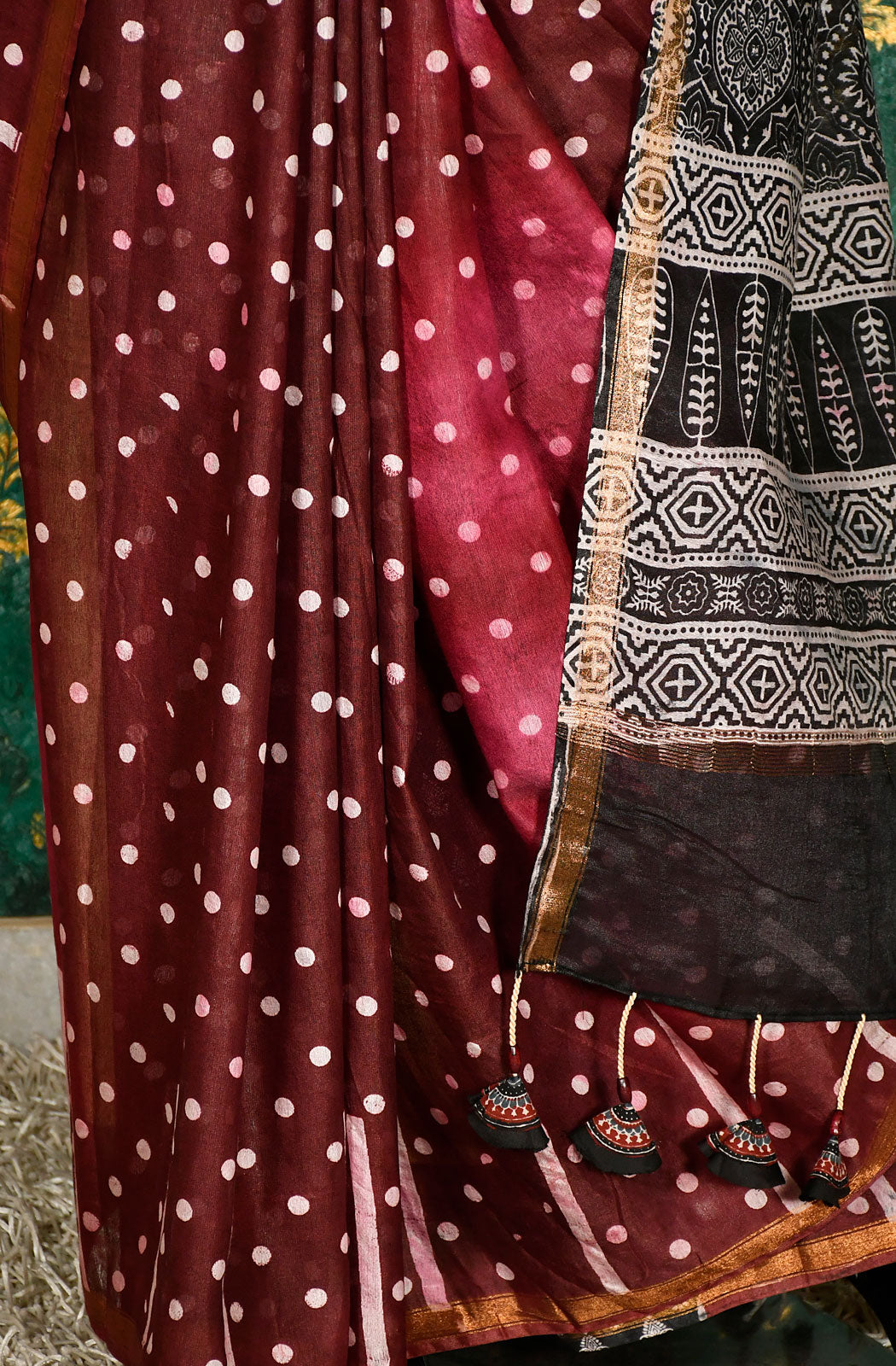 Maroon Pure Silk Chanderi Hand Block Printed Saree - Naksheband